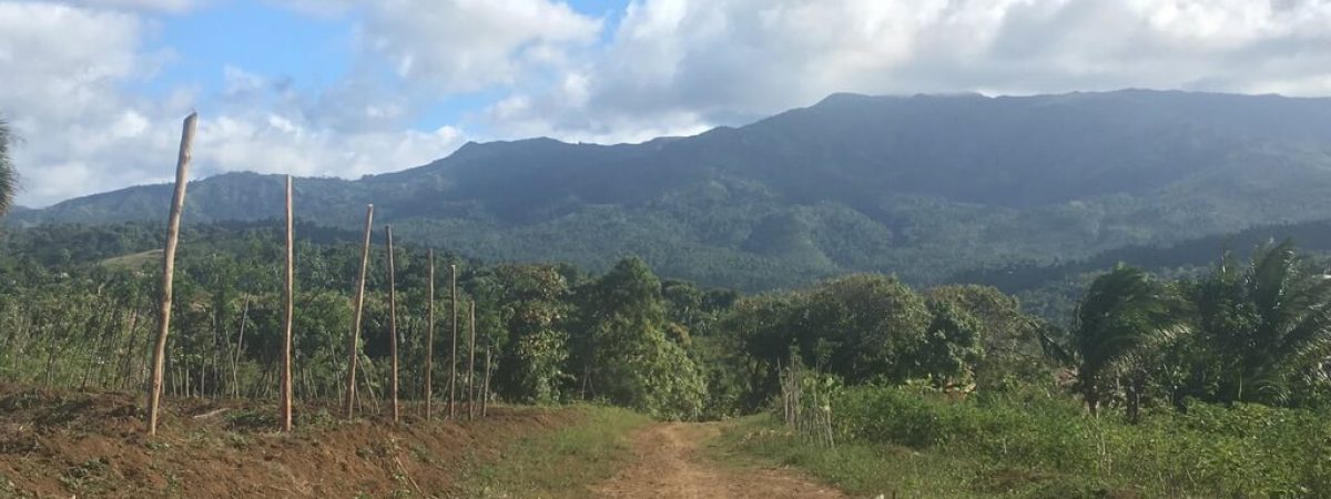 Haitian landscape - dirt road, mountains in the background and a blue sky